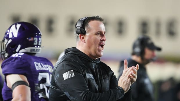 Nov 6, 2021; Evanston, Illinois, USA; Northwestern Wildcats head coach Pat Fitzgerald reacts in the first half against the Iowa Hawkeyes at Ryan Field. Mandatory Credit: Quinn Harris-USA TODAY Sports