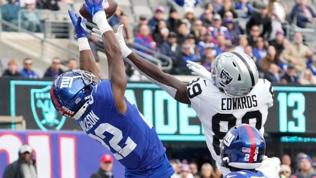 Nov 7, 2021; East Rutherford, N.J., USA; Las Vegas Raiders wide receiver Bryan Edwards (89) cannot catch a pass in the end zone as New York Giants cornerback Adoree' Jackson (22) defends at MetLife Stadium.