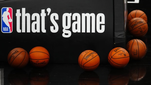 Jun 22, 2021; Phoenix, Arizona, USA; Detailed view of official Spalding basketballs and NBA signage prior to the Phoenix Suns game against the Los Angeles Clippers in game two of the Western Conference Finals for the 2021 NBA Playoffs at Phoenix Suns Arena. Mandatory Credit: Mark J. Rebilas-USA TODAY Sports