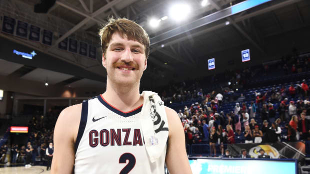 Oct 31, 2021; Spokane, WA, USA; Gonzaga Bulldogs forward Drew Timme (2) celebrates after a game against the Eastern Oregon Mountaineers at McCarthey Athletic Center. Bulldogs won 115-62. Mandatory Credit: James Snook-USA TODAY Sports