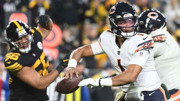 Justin Fields gets ready to throw a pass during a 'Monday Night Football' loss to the Steelers.