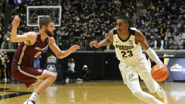 Purdue guard Jaden Ivey (23) drives against Bellarmine forward Ethan Claycomb (0) during the second half of an NCAA men's basketball game, Tuesday, Nov. 9, 2021 at Mackey Arena in West Lafayette.

Bkc Purdue Vs Bellarmine