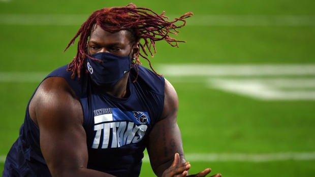 Nov 12, 2020; Nashville, Tennessee, USA; Tennessee Titans offensive tackle Isaiah Wilson (79) warms up before the game against the Indianapolis Colts at Nissan Stadium.