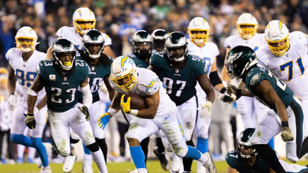 Nov 7, 2021; Philadelphia, Pennsylvania, USA; Los Angeles Chargers running back Austin Ekeler (30) runs with the ball during the fourth quarter against the Philadelphia Eagles at Lincoln Financial Field. Mandatory Credit: Bill Streicher-USA TODAY Sports