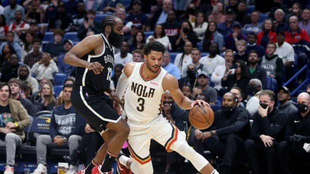 Nov 12, 2021; New Orleans, Louisiana, USA; New Orleans Pelicans guard Josh Hart (3) drives around Brooklyn Nets guard James Harden (13) during the second half at the Smoothie King Center. Mandatory Credit: Chuck Cook-USA TODAY Sports