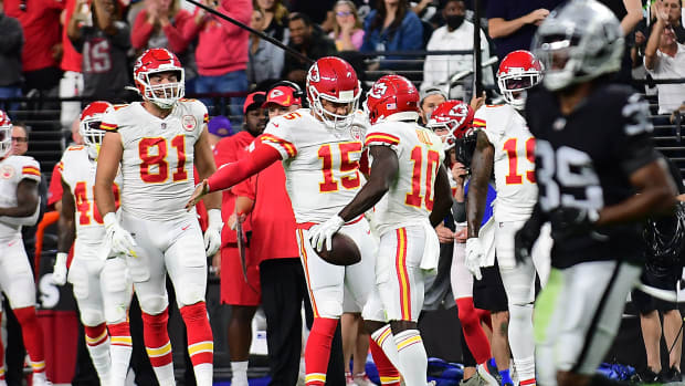 Nov 14, 2021; Paradise, Nevada, USA; Kansas City Chiefs wide receiver Tyreek Hill (10) celebrates with quarterback Patrick Mahomes (15) his touchdown scored against the Las Vegas Raiders during the first half at Allegiant Stadium. Mandatory Credit: Gary A. Vasquez-USA TODAY Sports