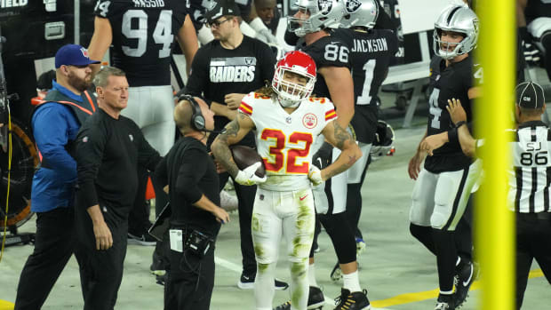 Nov 14, 2021; Paradise, Nevada, USA; Kansas City Chiefs free safety Tyrann Mathieu (32) reacts after forcing a fumble against Las Vegas Raiders wide receiver DeSean Jackson (1) for a turnover in the third quarter at Allegiant Stadium. Mandatory Credit: Kirby Lee-USA TODAY Sports
