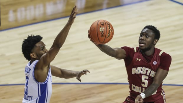 Mar 9, 2021; Greensboro, North Carolina, USA; Boston College Eagles guard Jay Heath (5) drives to the basket against Duke Blue Devils guard Jeremy Roach (3) during the first half in the first round of the 2021 ACC men's basketball tournament at Greensboro Coliseum. Mandatory Credit: Nell Redmond-USA TODAY Sports
