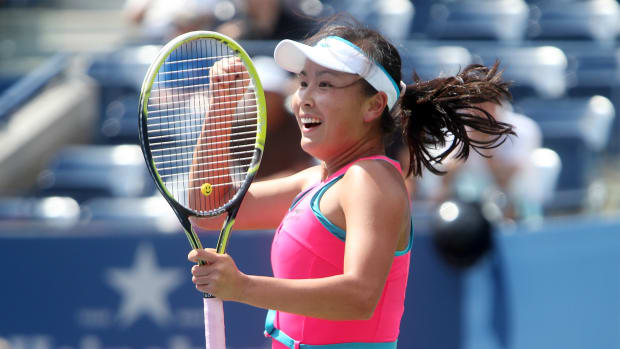Sep 2, 2014; New York, NY, USA; Peng Shuai (CHN) celebrates after recording match point against Belinda Bencic (SUI) on day nine of the 2014 U.S. Open tennis tournament at USTA Billie Jean King National Tennis Center.