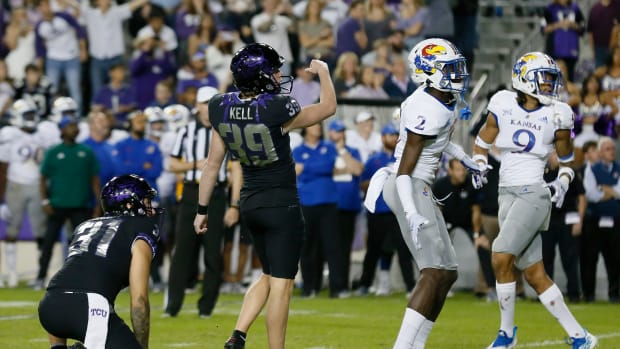 Nov 20, 2021; Fort Worth, Texas, USA; TCU Horned Frogs place kicker Griffin Kell (39) follows thru on the eventual game winning field goal against the Kansas Jayhawks during the second half at Amon G. Carter Stadium. Mandatory Credit: Raymond Carlin III-USA TODAY Sports
