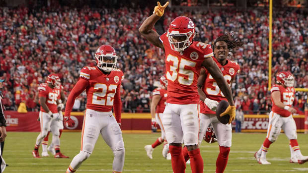 Cheifs cornerback Chavarious Ward celebrates and interception during a win over the Cowboys