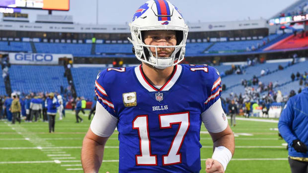 Nov 21, 2021; Orchard Park, New York, USA; Buffalo Bills quarterback Josh Allen (17) jogs off the field following the game against the Indianapolis Colts at Highmark Stadium.