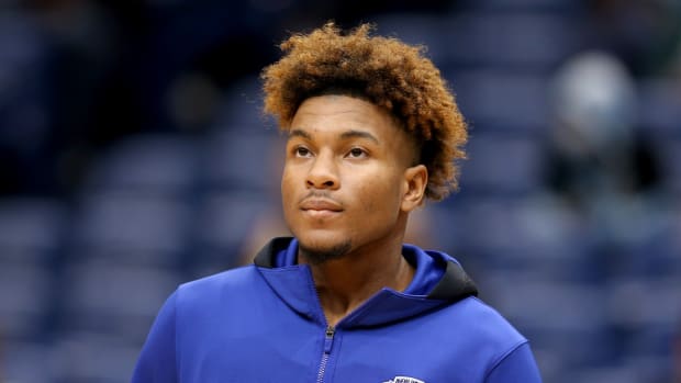 Oct 30, 2021; New Orleans, Louisiana, USA; New York Knicks guard Miles McBride (2) before their game against the New Orleans Pelicans at the Smoothie King Center.