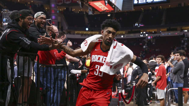 Nov 27, 2021; Houston, Texas, USA; Houston Rockets center Christian Wood (35) runs off the floor after the Rockets defeated the Charlotte Hornets at Toyota Center. Mandatory Credit: Troy Taormina-USA TODAY Sports