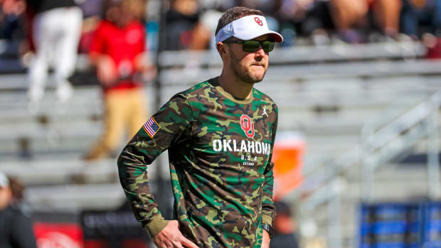 Norman, Oklahoma, USA; Oklahoma Sooners head coach Lincoln Riley looks on before the game against the Texas Tech Red Raiders at Gaylord Family-Oklahoma Memorial Stadium. Mandatory Credit: Kevin Jairaj-USA TODAY Sports