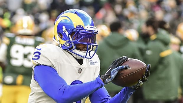 Nov 28, 2021; Green Bay, Wisconsin, USA; Los Angeles Rams wide receiver Odell Beckham Jr. (3) warms up before game against the Green Bay Packers at Lambeau Field. Mandatory Credit: Benny Sieu-USA TODAY Sports