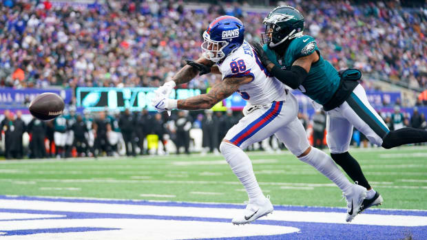 Philadelphia Eagles cornerback Steven Nelson (3) is called for pass interference on his coverage of New York Giants tight end Evan Engram (88) in the endzone in the second half. The Giants defeat the Eagles, 13-7, at MetLife Stadium on Sunday, Nov. 28, 2021, in East Rutherford.