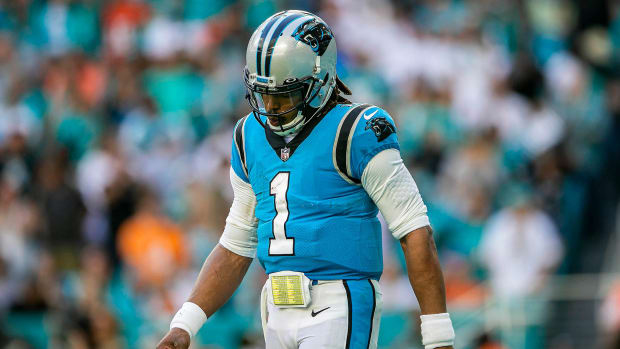 Cam Newton reacts during loss to Dolphins