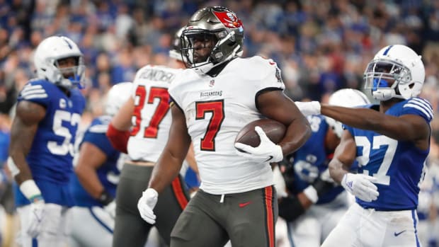 Tampa Bay Buccaneers running back Leonard Fournette (7) after a touchdown, Sunday, Nov. 28, 2021, during a game against the Tampa Bay Buccaneers at Lucas Oil Stadium in Indianapolis.