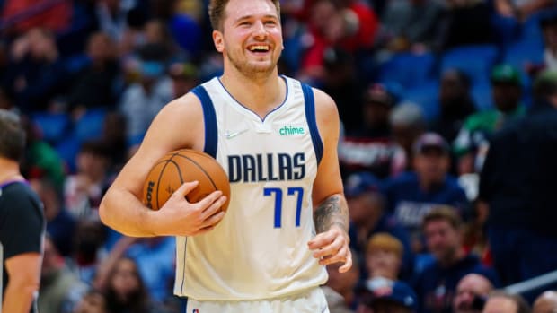 Dec 1, 2021; New Orleans, Louisiana, USA; Dallas Mavericks Point Guard Luka Doncic (77) reacts in the second quarter at Smoothie King Center. Mandatory Credit: Andrew Wevers-USA TODAY Sports