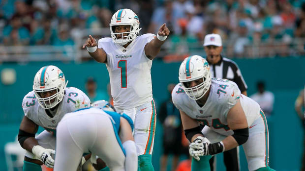 Miami Dolphins quarterback Tua Tagovailoa (1) in action agains the Carolina Panthers during NFL game at Hard Rock Stadium Sunday in Miami Gardens.

Carolina Panthers V Miami Dolphins 31