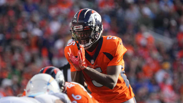 Denver Broncos quarterback Teddy Bridgewater (5) calls for the ball in the first half against the Los Angeles Chargers at Empower Field at Mile High.