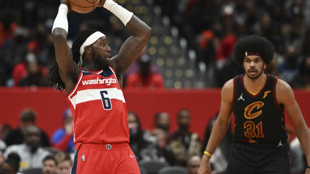 Dec 3, 2021; Washington, District of Columbia, USA; Washington Wizards center Montrezl Harrell (6) looks to pass as Cleveland Cavaliers center Jarrett Allen (31) looks on during the first half at Capital One Arena. Mandatory Credit: Tommy Gilligan-USA TODAY Sports