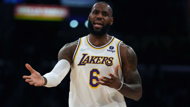 Los Angeles, California, USA; Los Angeles Lakers forward LeBron James (6) reacts against the Detroit Pistons in the first half at Staples Center.