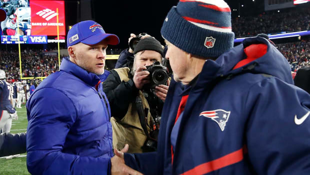 Dec 21, 2019; Foxborough, Massachusetts, USA; New England Patriots head coach Bill Belichick shakes hands with Buffalo Bills head coach Sean McDermott after their game at Gillette Stadium.