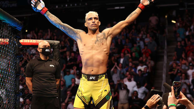 May 15, 2021; Houston, Texas, USA; Charles Oliveira reacts for his fight against Michael Chandler during UFC 262 at Toyota Center.