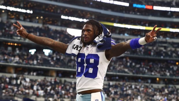 Nov 14, 2021; Arlington, Texas, USA; Dallas Cowboys receiver CeeDee Lamb (88) celebrates after a victory against the Atlanta Falcons at AT&T Stadium. Mandatory Credit: Matthew Emmons-USA TODAY Sports