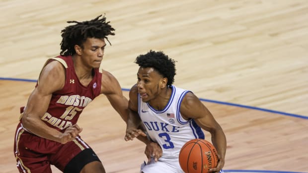 Mar 9, 2021; Greensboro, North Carolina, USA; Duke Blue Devils guard Jeremy Roach (3) drives into Boston College Eagles guard Demarr Langford Jr. (15) in the first round of the 2021 ACC men's basketball tournament at Greensboro Coliseum. Mandatory Credit: Nell Redmond-USA TODAY Sports