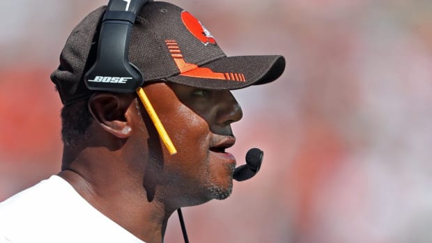 Cleveland Browns defensive coordinator Joe Woods watches from the sideline during the second half of an NFL football game against the Houston Texans, Sunday, Sept. 19, 2021, in Cleveland, Ohio. Joewoods 1