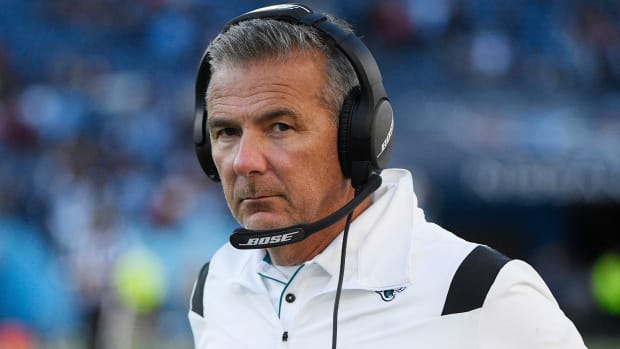 Dec 12, 2021; Nashville, Tennessee, USA; Jacksonville Jaguars head coach Urban Meyer on the sidelines against the Tennessee Titans during the second half at Nissan Stadium.