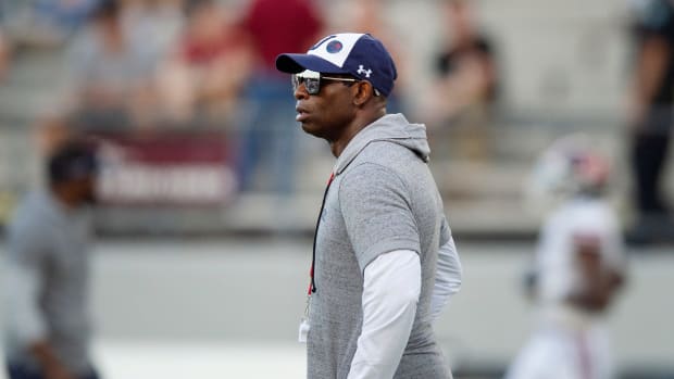 Jackson State football coach Deion Sanders and his team prepare for their game against University of Louisiana-Monroe at Malone Stadium in Monroe, La., Saturday, Sept. 18, 2021. Tcl Jsuvulm1