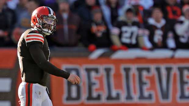 Cleveland Browns quarterback Baker Mayfield (6) walks off the field following an interception during the first half of an NFL football game against the Baltimore Ravens at FirstEnergy Stadium, Sunday, Dec. 12, 2021, in Cleveland, Ohio. [Jeff Lange/Beacon Journal] Browns 6