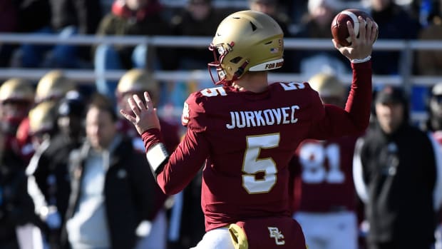 Nov 27, 2021; Chestnut Hill, Massachusetts, USA; Boston College Eagles quarterback Phil Jurkovec (5) throws a pass during the first half against the Wake Forest Demon Deacons at Alumni Stadium.