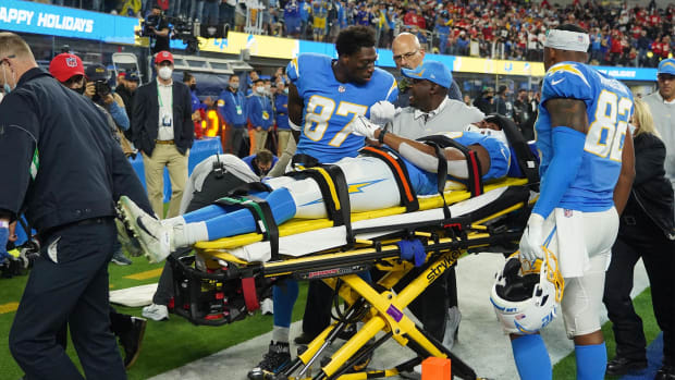 Dec 16, 2021; Inglewood, California, USA; Los Angeles Chargers tight end Donald Parham (89) is taken off the field with an injury sustained in the first half against the Kansas City Chiefs at SoFi Stadium.