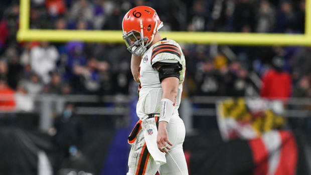 Cleveland Browns quarterback Baker Mayfield (6) walks off the field during the second half against the Baltimore Ravens.