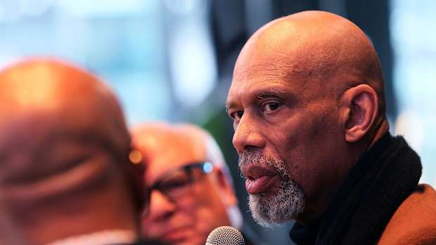 Kareem Abdul-Jabbar talks on a panel.