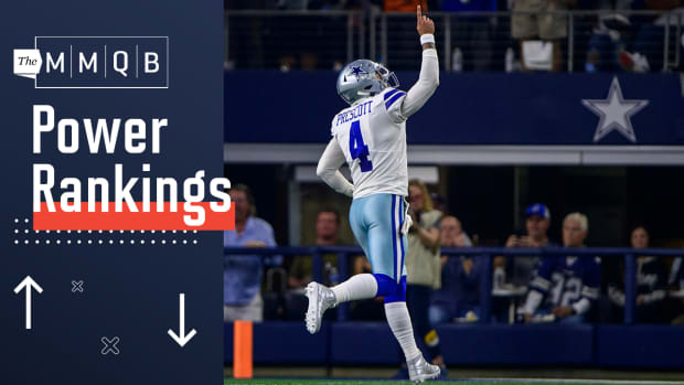 Dallas Cowboys quarterback Dak Prescott (4) celebrates throwing a touchdown against the Washington Football Team