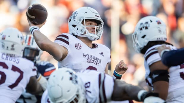 Bulldogs quarterback Will Rogers throws the ball for Mississippi State against Auburn on Nov. 13, 2021.