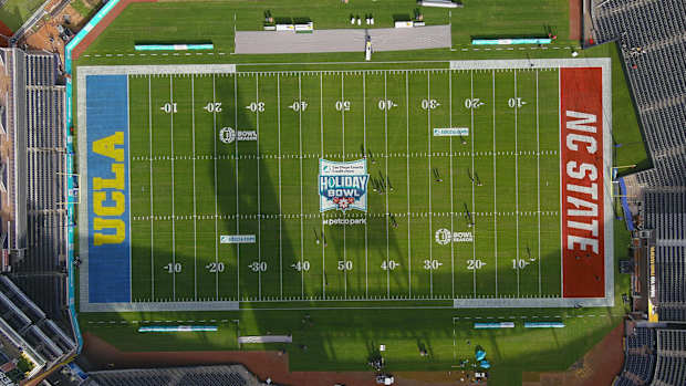 Dec 28, 2021; San Diego, CA, USA; A general overall aerial view of the football field at Petco Park prior to the Holiday Bowl between the NC State Wolfpack and the UCLA Bruins. The game was cancelled because of COVID-19 protocols within the UCLA program.