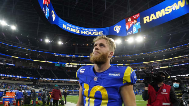 Dec 21, 2021; Inglewood, California, USA; Los Angeles Rams wide receiver Cooper Kupp (10) celebrates after the game against the Seattle Seahawks at SoFi Stadium. The Rams defeated the Seahawks 20-10. Mandatory Credit: Kirby Lee-USA TODAY Sports