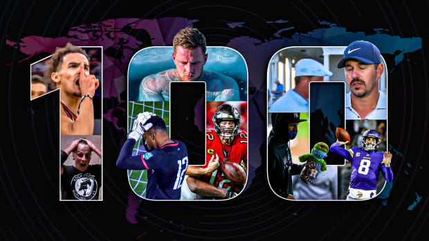 Illustrated "100" logo featuring images of athletes