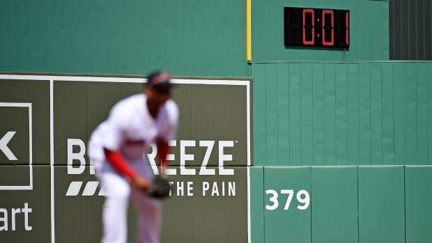 A general view of the pitch clock in use during the fifth inning of the spring training game between the Boston Red Sox and the New York Mets at JetBlue Park.
