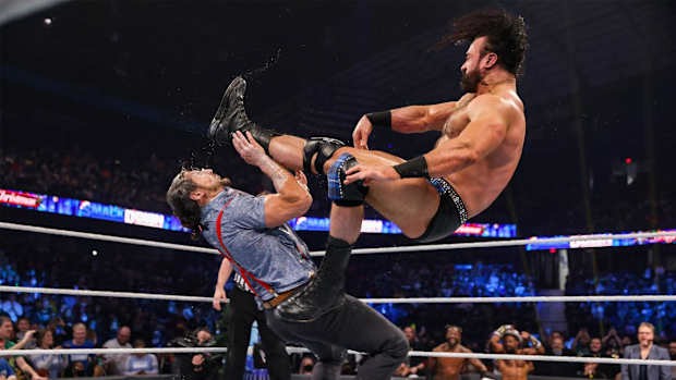 Drew McIntyre delivers his signature Claymore kick