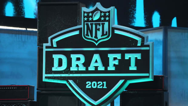 Apr 29, 2021; Cleveland, Ohio, USA; A general overall view of the 2021 NFL Shield Draft logo at First Energy Stadium.
