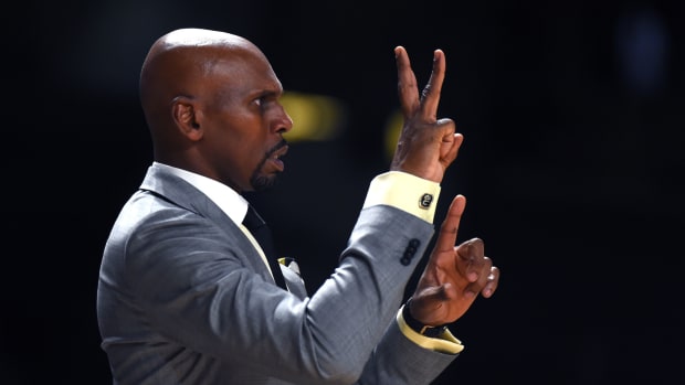 Vanderbilt Commodores head coach Jerry Stackhouse signals from the bench during the second half against the Alabama State Hornets at Memorial Gymnasium.