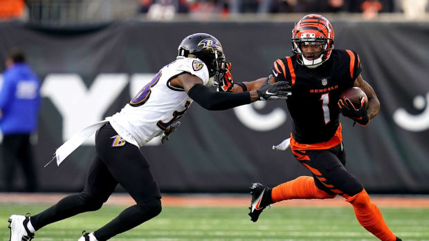 Cincinnati Bengals wide receiver Ja'Marr Chase (1) turns downfield after completing a catch as Baltimore Ravens cornerback Kevon Seymour (38) defends in the third quarter during a Week 16 NFL game, Sunday, Dec. 26, 2021, at Paul Brown Stadium in Cincinnati. The Cincinnati Bengals defeated the Baltimore Ravens, 41-21.

Baltimore Ravens At Cincinnati Bengals Dec 26